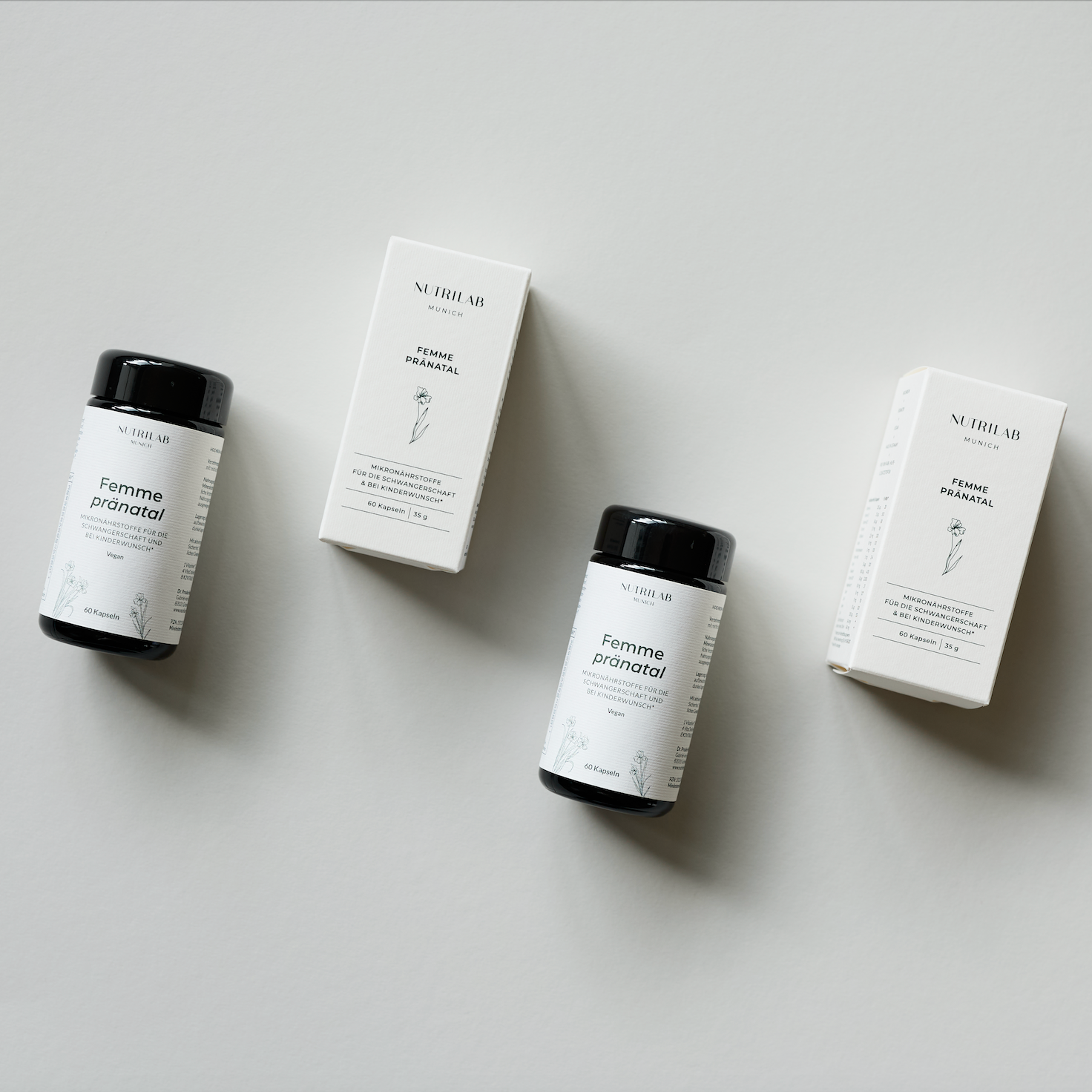 NUTRILAB MUNICH Femme Pränatal hochwertige und hochreine Mikronährstoffe für den Kinderwunsch und Schwangerschaft vegan Lifestyleprodukt Inhaltsstoffe Marken Quatrefolic Miron GMUND Verpackung